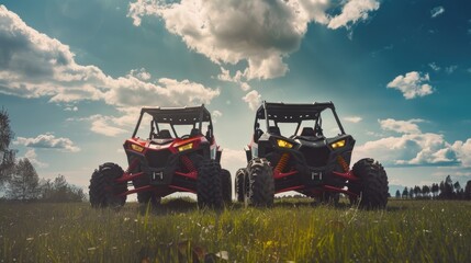 Fototapeta premium Two Off-Road Vehicles Facing Each Other in a Field
