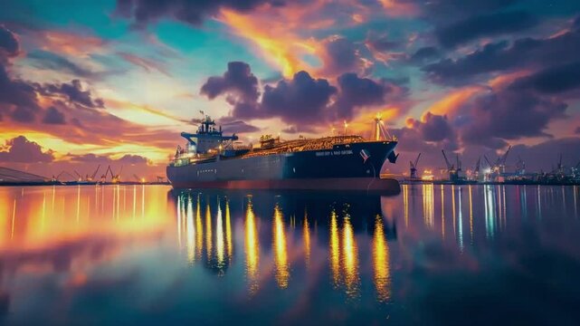 LNG Tanker Anchored at Gas Terminal During Sunset