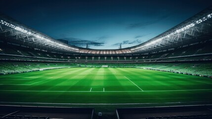 Dramatic evening scene of an illuminated soccer pitch under stadium floodlights