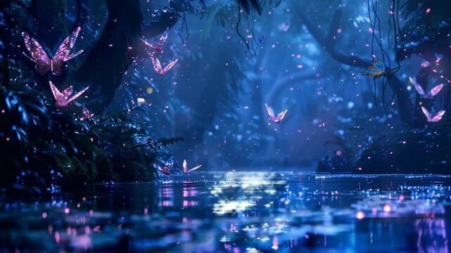 In the middle of a mysterious and silent swamp, stand colorful trees that exude indescribable natural beauty. Multicolored leaves  Seamless looping 4k time-lapse animation video background 
 