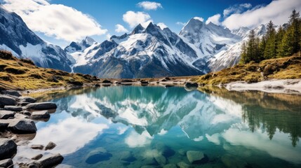 Snow-capped mountains reflecting in a crystal-clear alpine lake