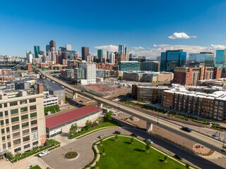 Downtown Denver city skyline and City of Cuernavaca Park. Colorado, United States of America.