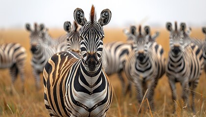 Fototapeta premium A harem of zebra standing together 