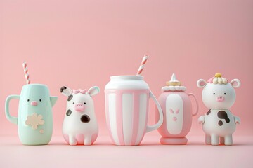 Cute  soy  milk set in cartoon style, different designs, 3D render  , created by ai