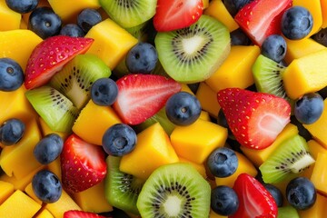 A vibrant close-up of a mixed fruit salad featuring strawberries, kiwi, blueberries, and mango chunks, showcasing fresh and colorful ingredients.