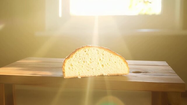 A simple wooden table set with a bright white Eucharistic loaf glowing in the sunlight streaming through the window.