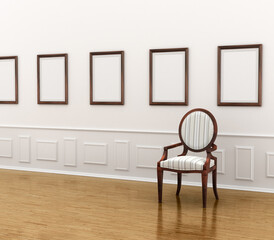 Gallery. A chair in the gallery near panelnoi wall with empty frames