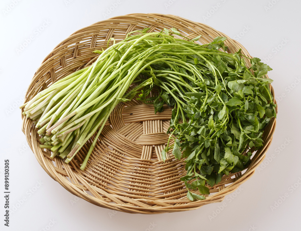 Canvas Prints Close-up of fresh water parsley with stem and leaf on bamboo basket, South Korea
