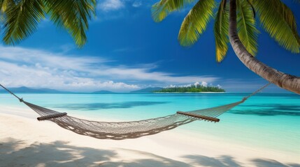 Fototapeta premium A hammock strung between two palm trees on a deserted tropical beach with crystal-clear water and soft white sand