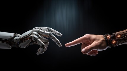 Naklejka premium A robot hand and a human hand touching fingertips, creating a sense of connection and innovation with a modern, clean background