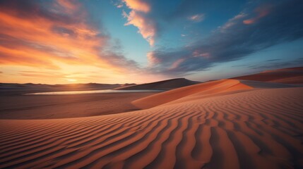 Naklejka premium A golden sun sets behind the horizon, casting warm hues over the undulating sand dunes and gentle waves of the beach
