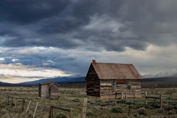 Abandoned historic log farm cottage in remote countryside. Leadville, Colorado, United States of America.