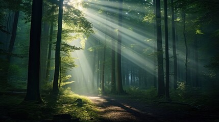 Obraz premium Bright sunbeams creating a magical atmosphere in a dense green forest