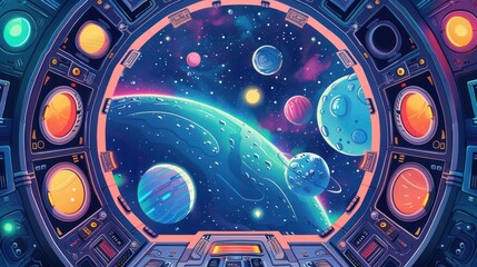 Obraz premium Otherworldly portal flat design, top view, cosmic dimension theme, cartoon drawing, vivid