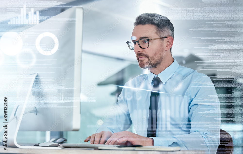 Fototapete Computer, coding and businessman with overlay in office for IT, research or machine learning. Planning, work and mature programmer with tech by desk for data science, algorithm or backend development