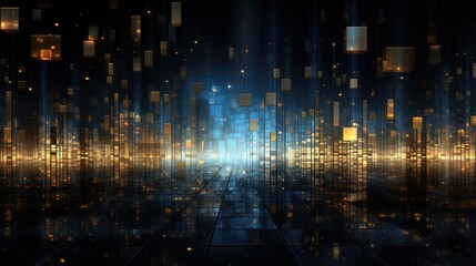 Naklejka premium Elegant backdrop of abstract lights in shades of blue, gold, and black, perfect for modern designs and presentations.