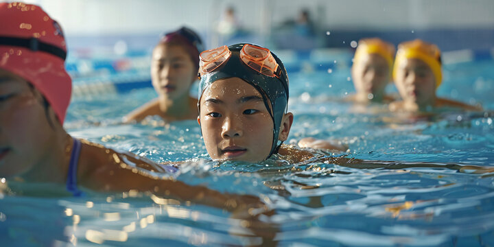 A group of Asian young swimmers in an indoor pool during a swimming lesson.