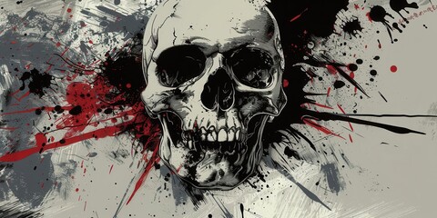 a dark and eerie skull with red paint splatters creating a menacing visual effect