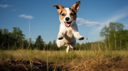 Playful Jack Russell puppy chasing a ball in a sunlit backyard