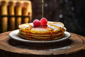 Pancakes topped with honey and raspberries