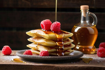Pancakes topped with honey and raspberries