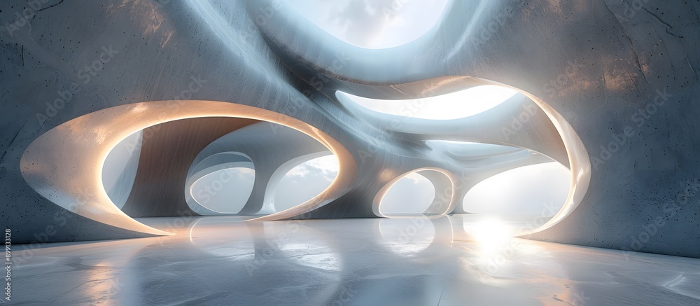 Wall mural abstract curved indoor structure, futuristic architecture with empty concrete floor