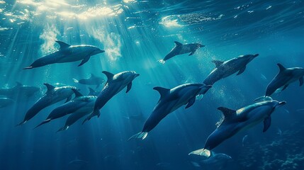 Fototapeta premium A pod of dolphins swims gracefully through the clear blue waters near the ocean floor, bathed in the sunlight filtering through from the surface 