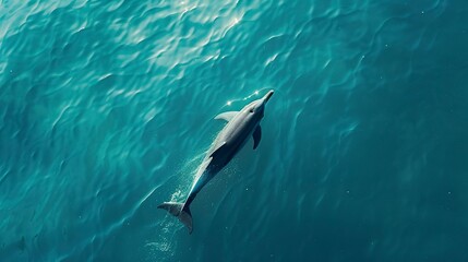 Naklejka premium Aerial view of alone Bottlenose dolphin in blue sea. Aquatic animal in Black sea 