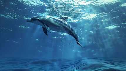 Obraz premium A dolphin is swimming underwater in a deep ocean 