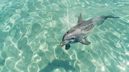 Fototapeta premium a jumping dolphin in pristine, crystal clear waters.
