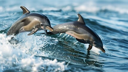 Obraz premium A couple of dolphins can be seen swimming in the ocean, gracefully moving through the waves with playful leaps and dives. One of the dolphins is also using its bottle nose to interact with its 