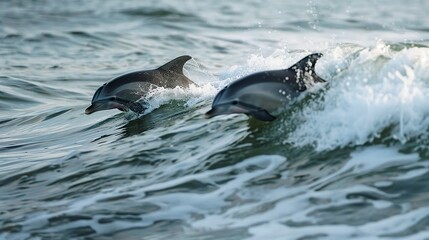 Obraz premium A couple of dolphins can be seen swimming in the ocean, gracefully moving through the waves with playful leaps and dives. One of the dolphins is also using its bottle nose to interact with its