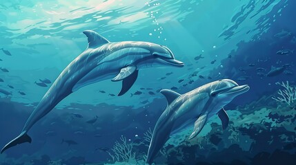 Fototapeta premium Dolphins swimming in the sea, marine life underwater. 