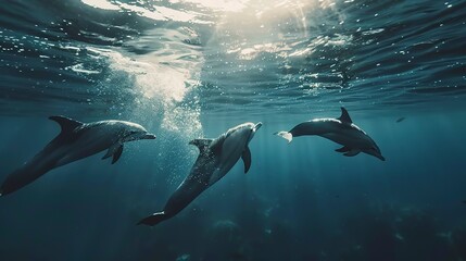 Obraz premium Dolphins swimming in the sea, marine life underwater. 
