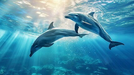Obraz premium Two dolphins swimming in the ocean