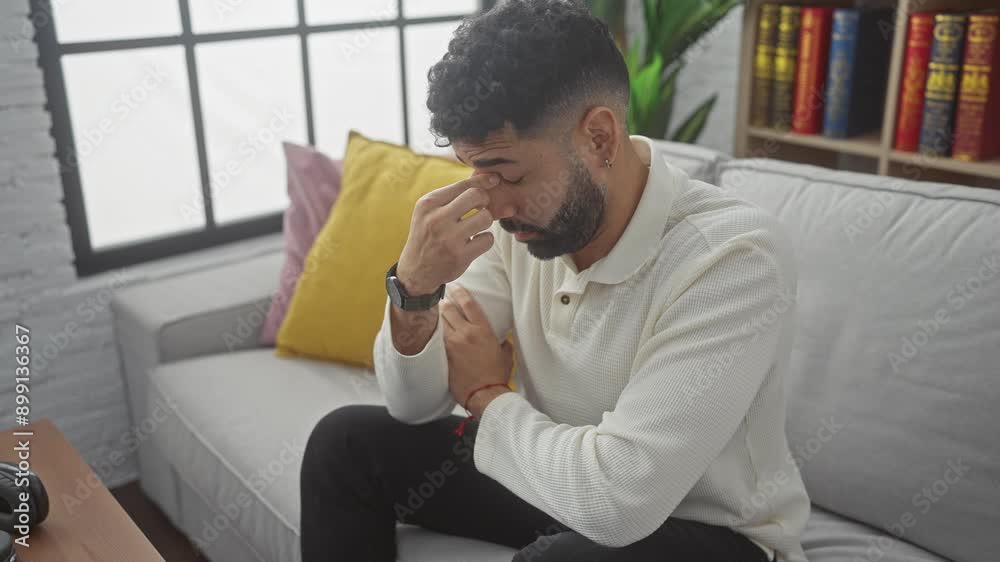 Poster Stressed young hispanic man at home, tiredly rubbing his eyes and nose, expressing fatigue, frustration, and headache