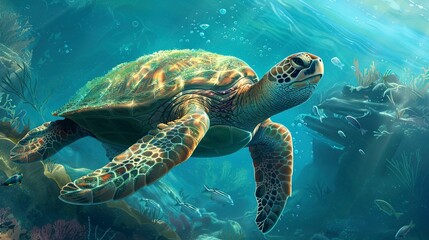 turtle is swimming in underwater of the sea 