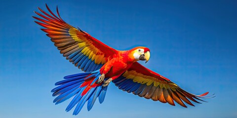 Fototapeta premium Scarlet Macaw flying gracefully against a clear blue sky, Scarlet Macaw, bird, wings, colorful, tropical, exotic, wildlife