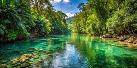 A crystal-clear river winds its way through a dense tropical rainforest, pristine, river, meanders, lush, jungle, nature