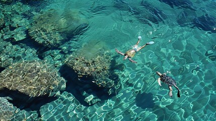 Fototapeta premium Men snorkeling in crystal clear water with a turtle
