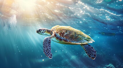 Fototapeta premium A Hawaiian green sea turtle swims on the surface of the Pacific Ocean in Hawaii. Marine life, wildlife concepts. 