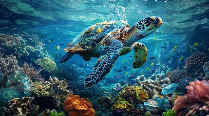 Fototapeta premium a striking image of a solitary sea turtle navigating through a vibrant coral reef, and plastic pollution; highlighting the stark contrast of beauty and environmental degradation.