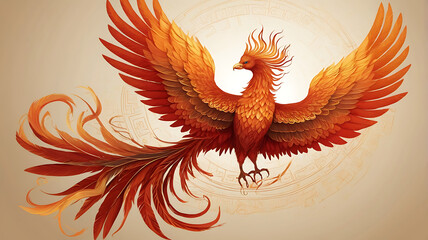 Fototapeta premium A digital illustration of a Feng Shui phoenix, symbolizing rebirth and renewal, with vibrant feathers and a fiery presence, with space for text.