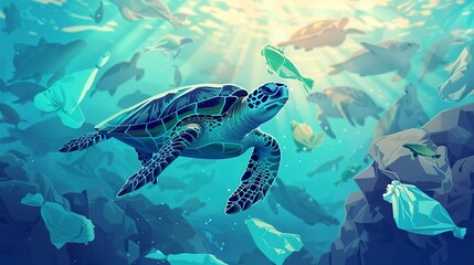 Obraz premium Environmental issue of plastic pollution problem. Sea Turtles can eat plastic bags mistaking them for jellyfish Sea turtle trapped in a plastic bag, Stop ocean plastic pollution concept 