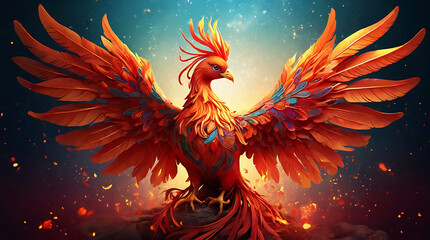 Obraz premium A digital illustration of a Feng Shui phoenix, symbolizing rebirth and renewal, with vibrant feathers and a fiery presence, with space for text.