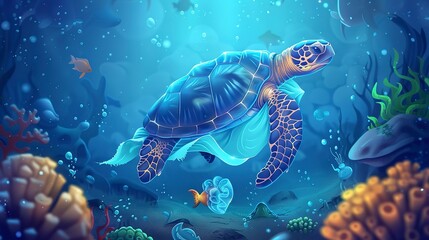 Environmental issue of plastic pollution problem. Sea Turtles can eat plastic bags mistaking them for jellyfish Sea turtle trapped in a plastic bag, Stop ocean plastic pollution concept 