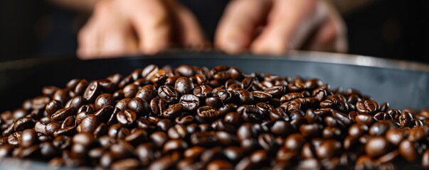 Coffee beans being sorted by hand, focus on meticulous process, Hand sorting coffee, laborintensive work