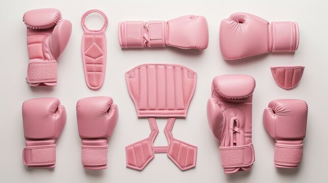 Arranged pink boxing gloves and gear on white, depicting discipline and precision in combat sports. Ideal for marketing fitness equipment with a focus on style and function