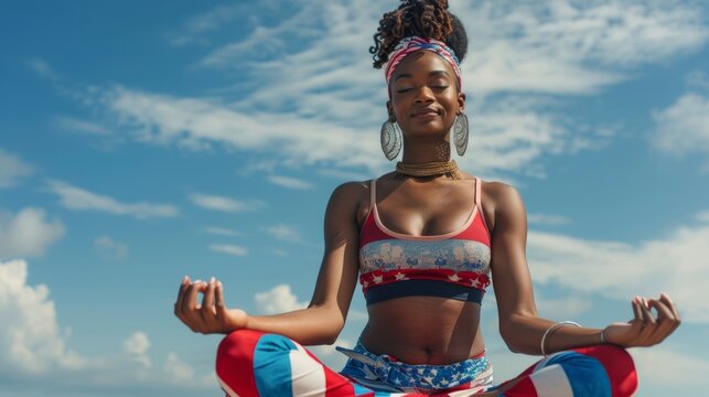 Patriotic Yoga Peace African American woman in tranquility, dressed in Independence Day colors against a blue sky