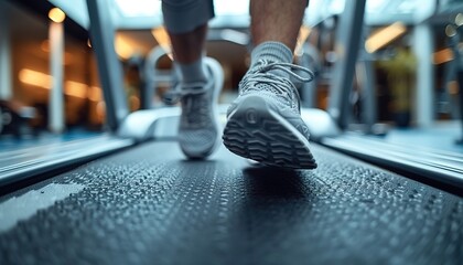 Fototapeta premium Close-up of man feet on a treadmill running at the gym or at home 